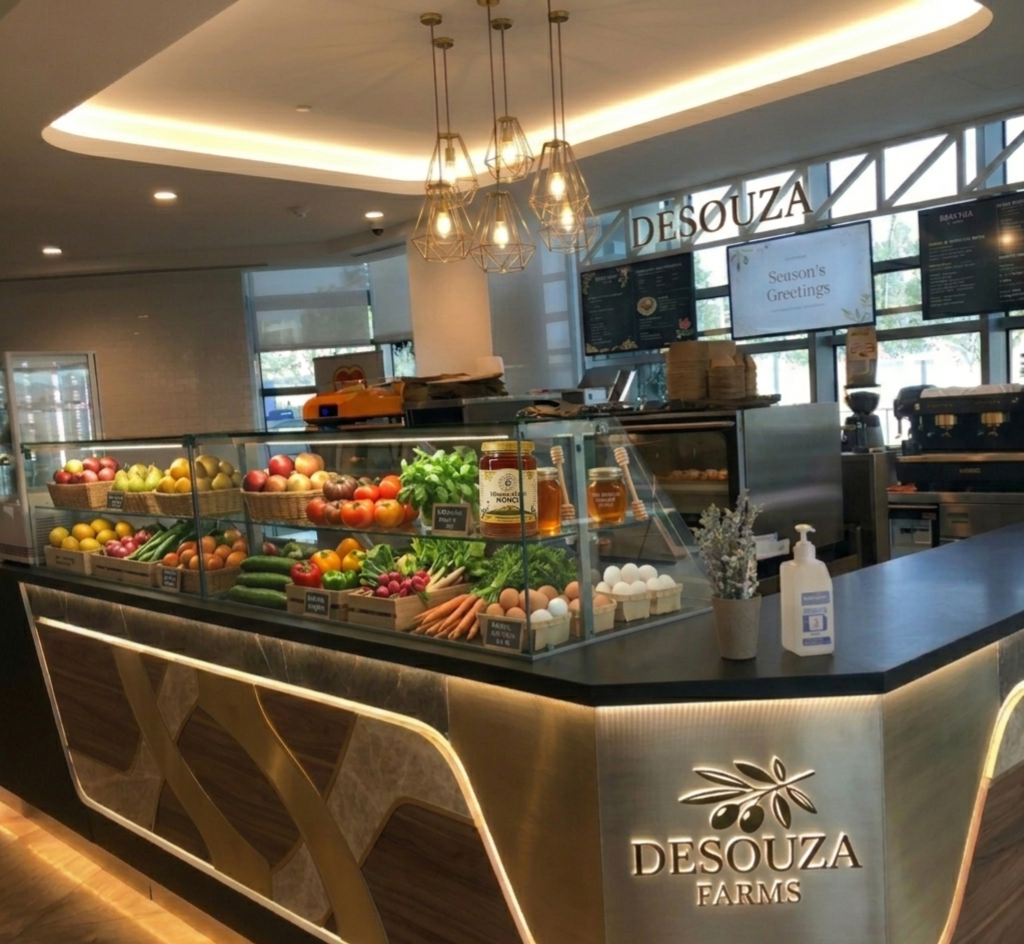 Desouza Farms corporate retail showroom bakery section displaying baked goods and commercial food formulations