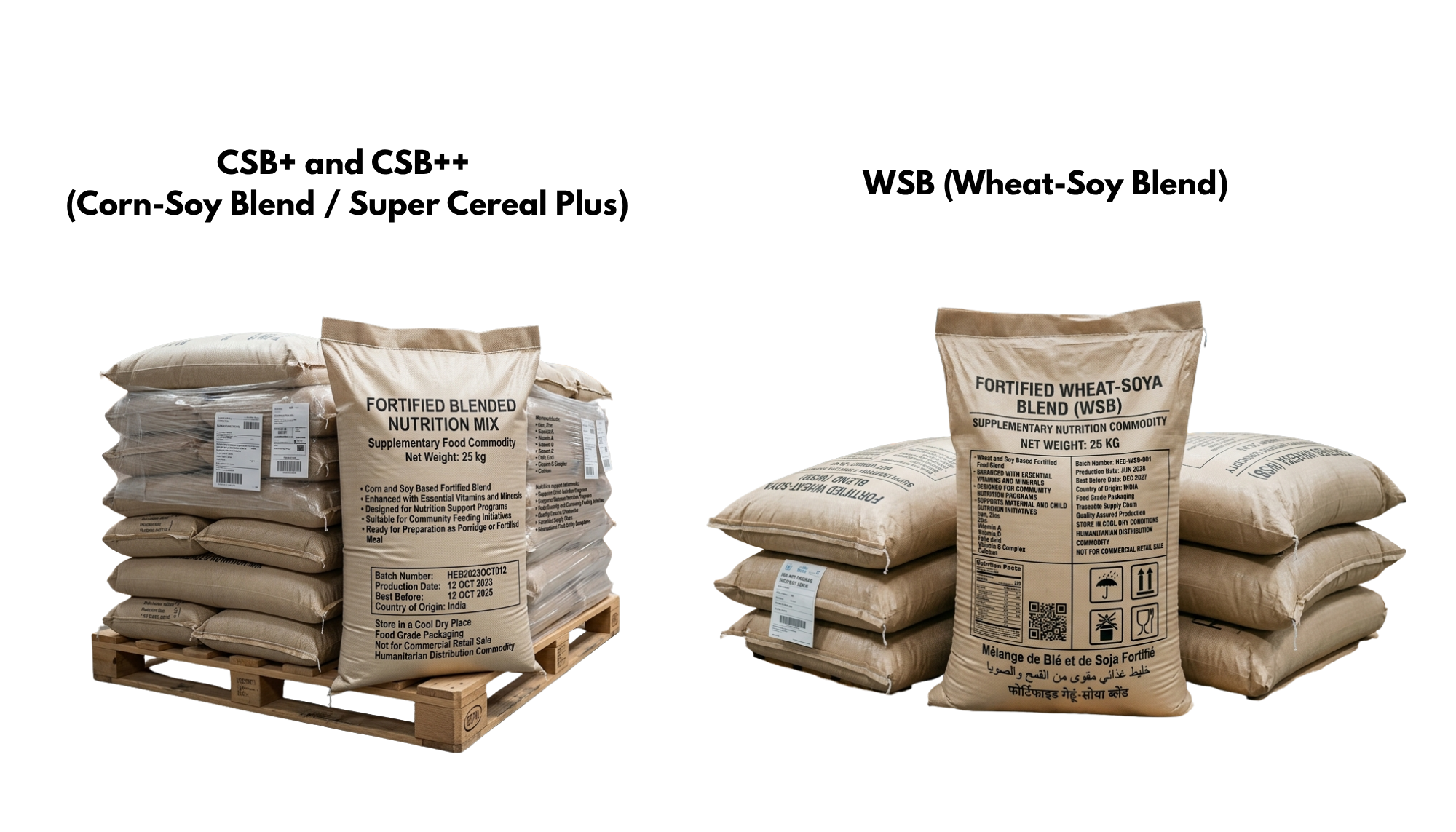 Industrial milling facility blending vitamin-fortified CSB plus and super cereal flour matrices into export sacks at Desouza Farms factory