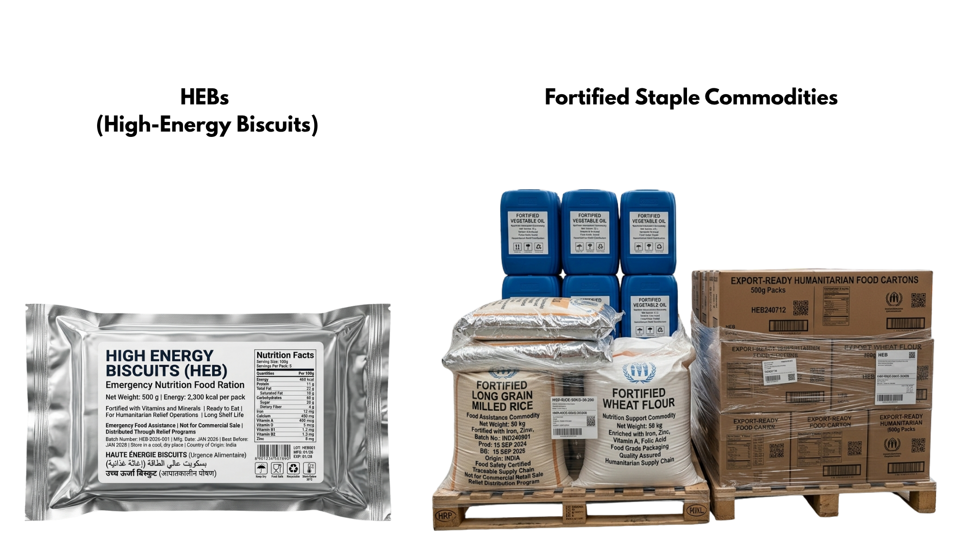 High speed industrial bakery packaging line wrapping vacuum-sealed high energy nutritional biscuits for emergency response supply networks