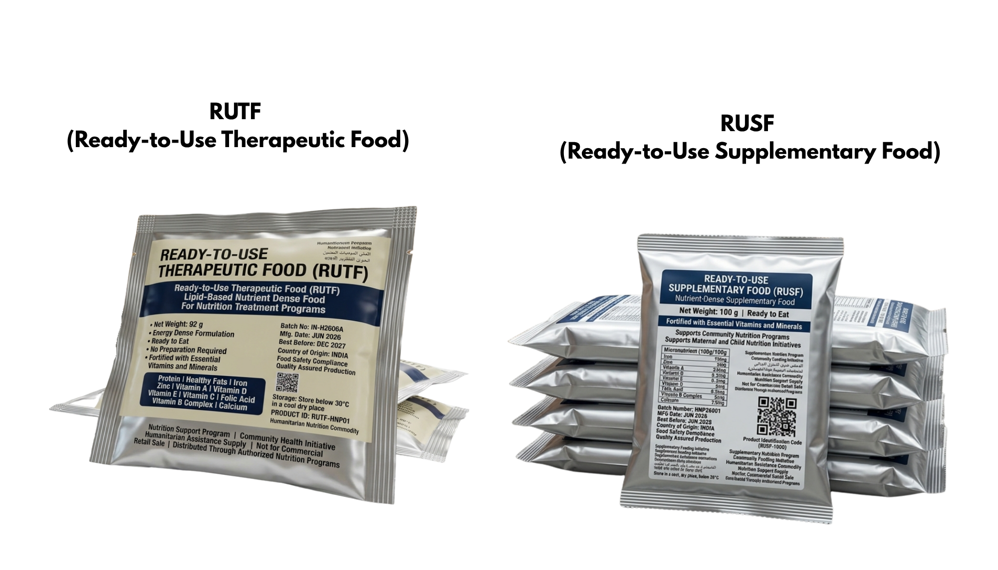 Desouza Farms automated RUTF sachet packaging line sealing single-serve therapeutic food paste for UN CMAM relief programs
